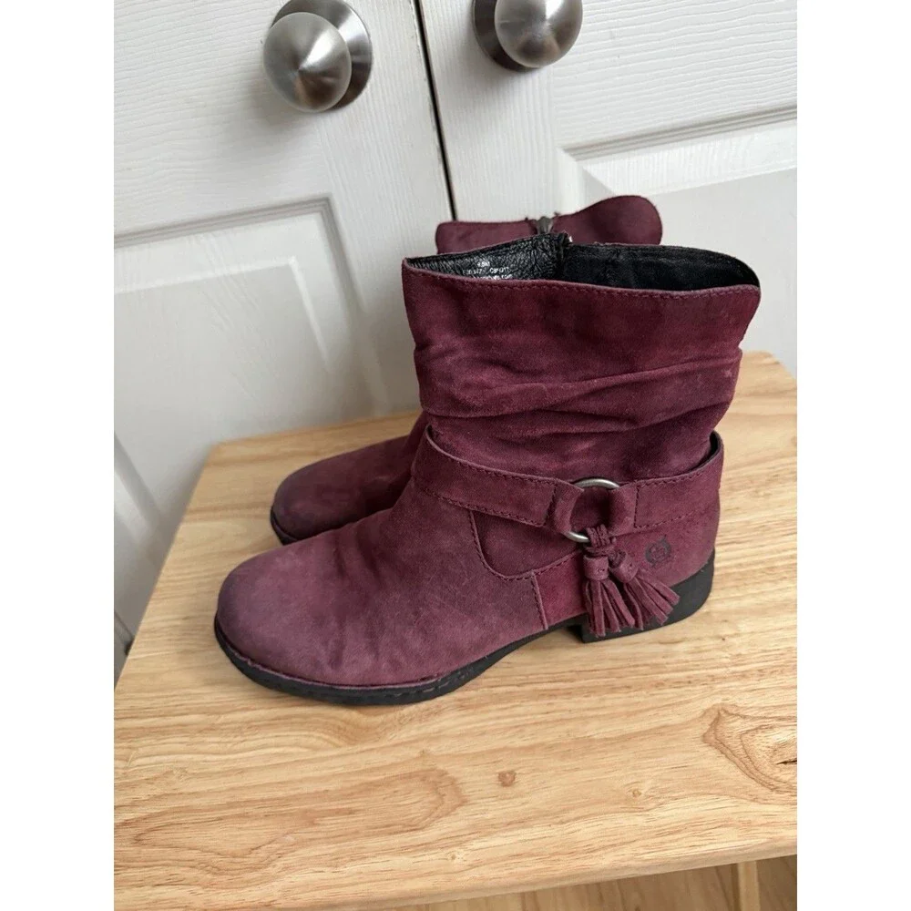 Born Wine Burgundy Suede distressed zip ankle boots tassel western Women’s 9.5M